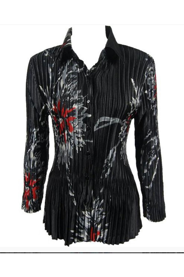 Stylish Satin Mini Pleated Shirt in a Red-Grey Floral on Black