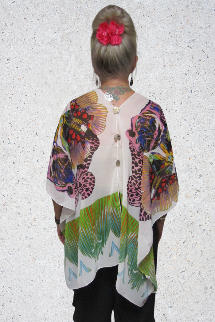 Silky Sheer 6-Button Poncho - White Butterfly
