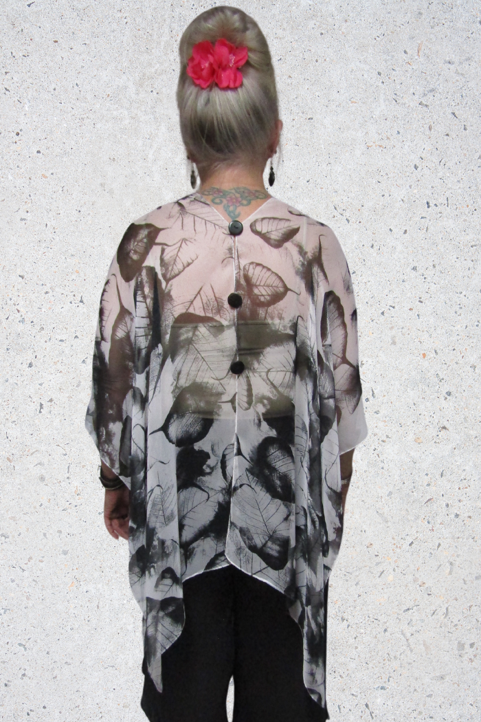 Silky Sheer 6-Button Poncho - Black Leaves