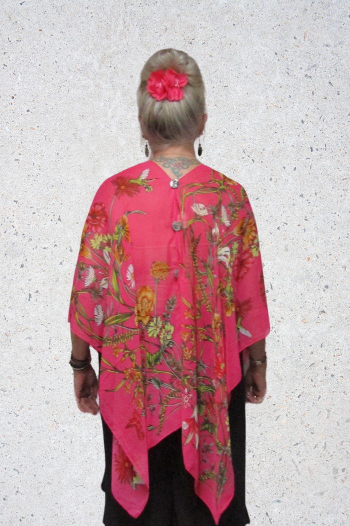 Silky Sheer 6-Button Poncho - Magenta Floral