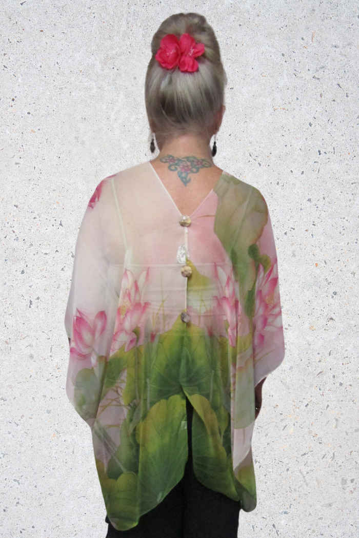 SILKY SHEER PONCHO - Green/Pink Lotus
