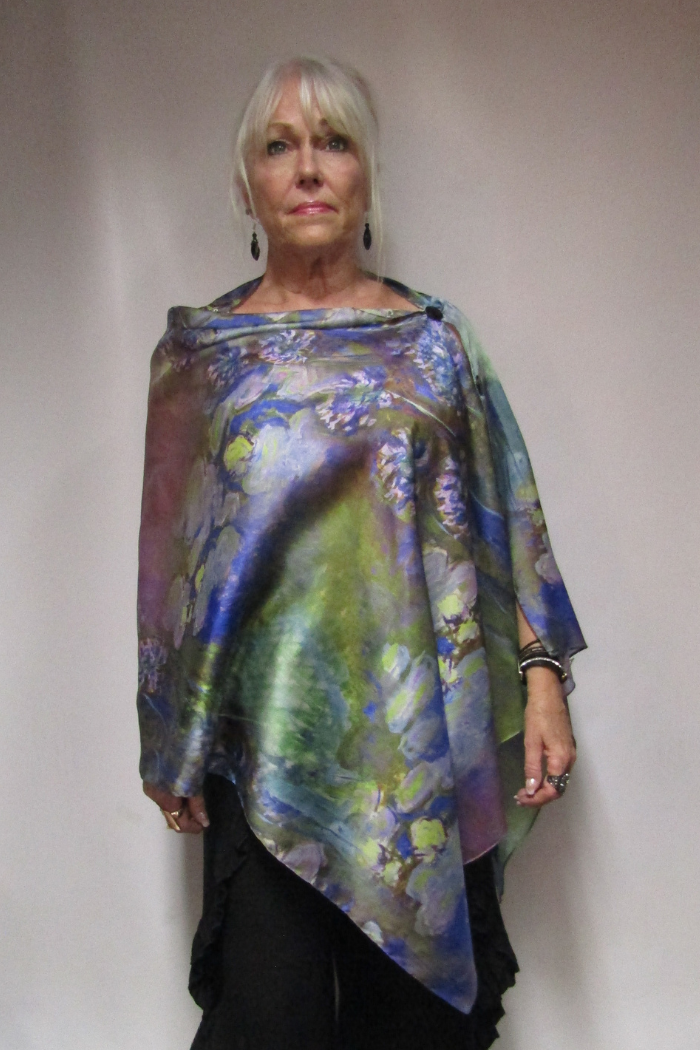 Satin Charmeuse Button Shawl in Olive Floral Print