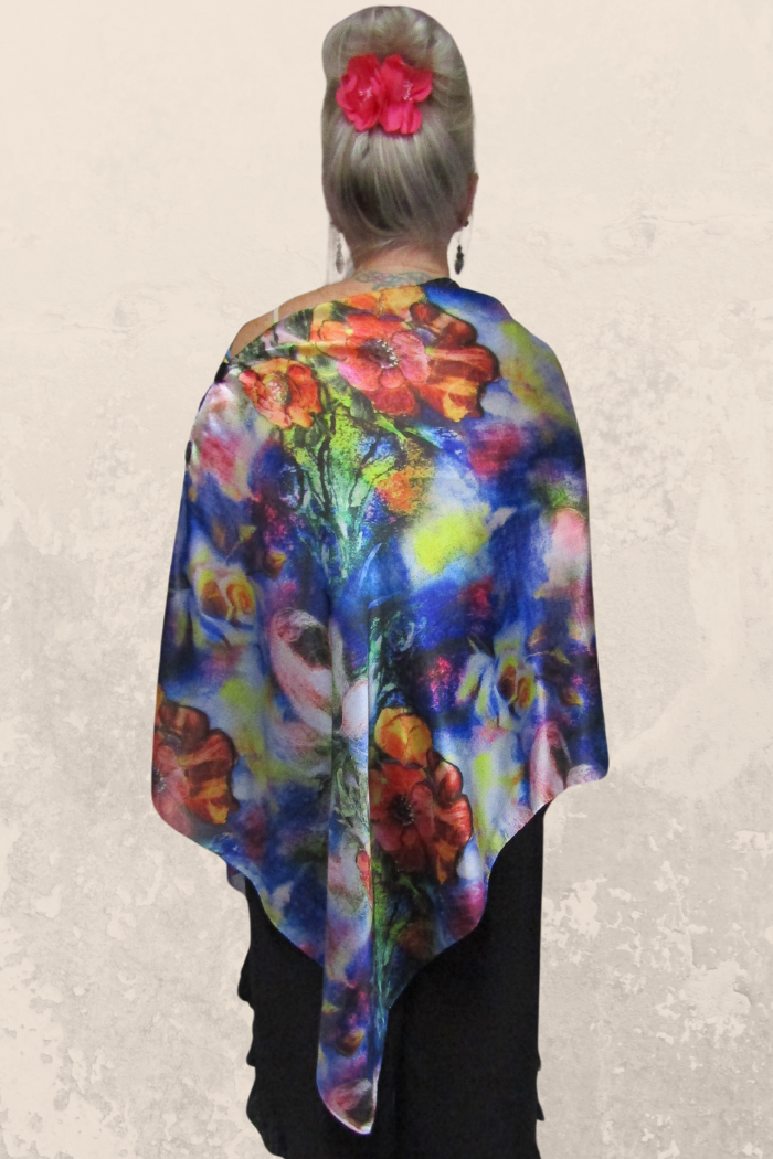 Satin Charmeuse Button Shawl in Multicolor Floral Print