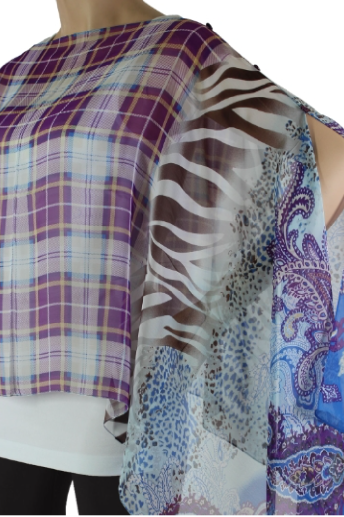 Silky Sheer 6-Button Poncho - Purple Plaid