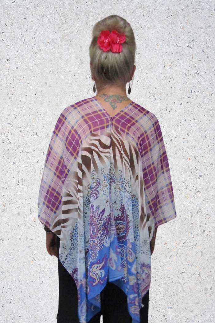 Silky Sheer 6-Button Poncho - Purple Plaid