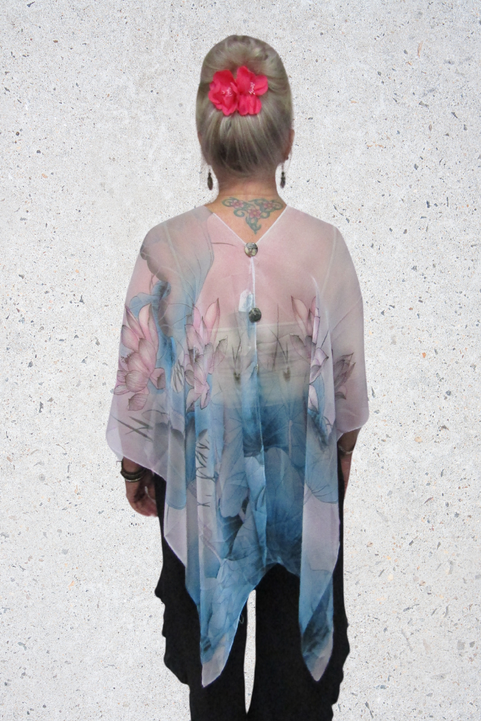 Silky Sheer 6-Button Poncho - Blue-Pink Lotus