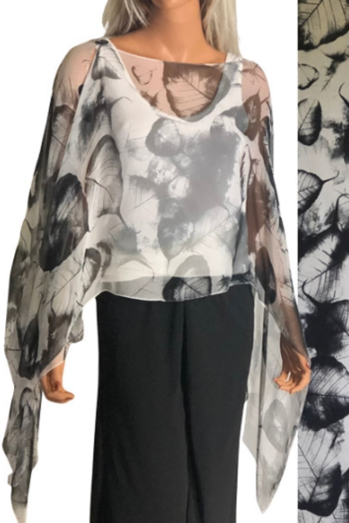 Silky Sheer 6-Button Poncho - Black Leaves