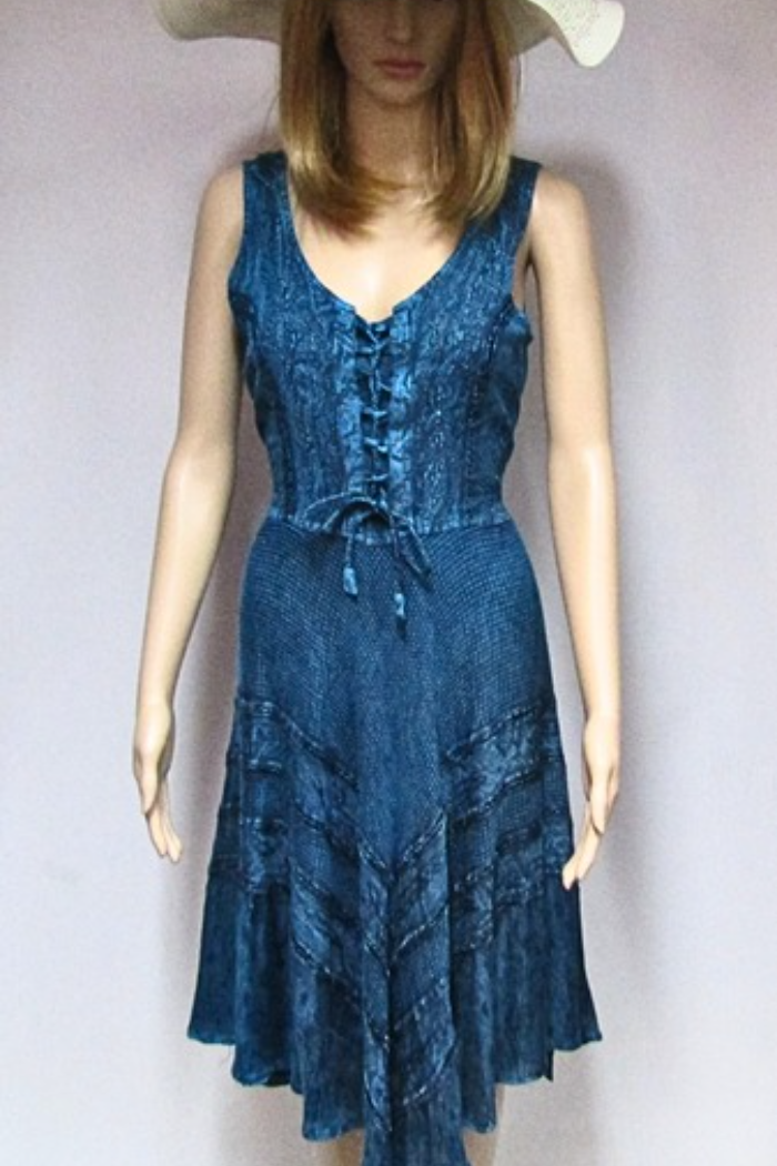 LaceUp Bodice Flared Skirt Blue Dress