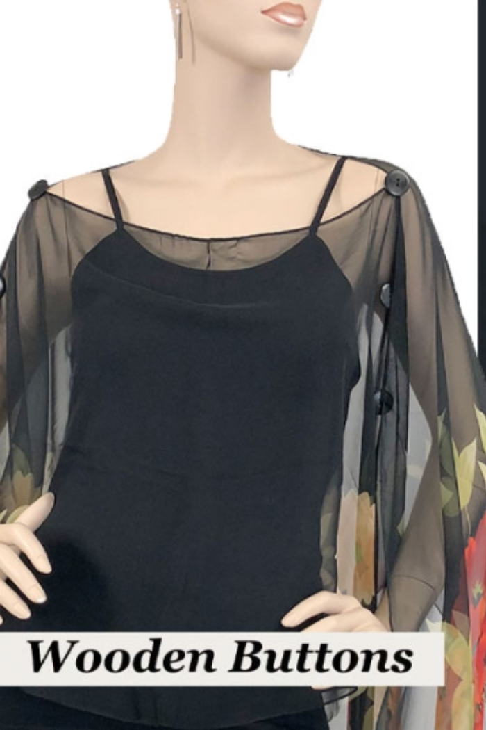 Silky Sheer 6-Button Poncho - Black Floral