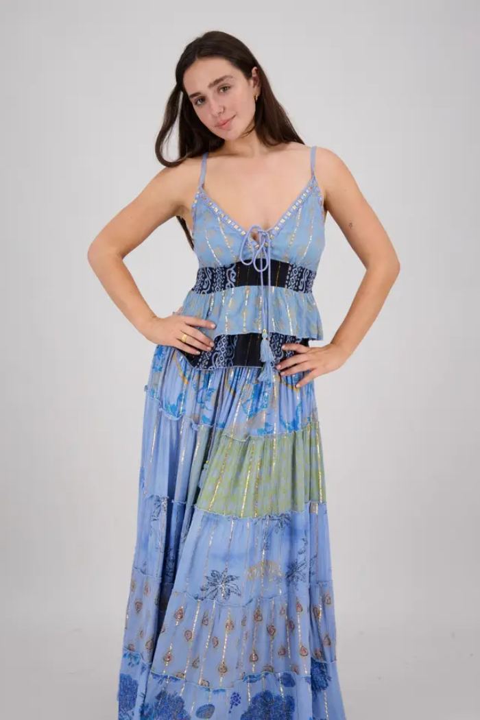 Two-Piece Stunning Top & Skirt Set with Metallic Gold Highlights