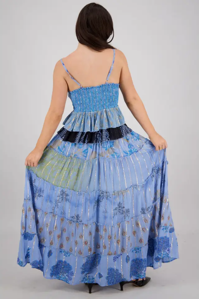 Two-Piece Stunning Top & Skirt Set with Metallic Gold Highlights