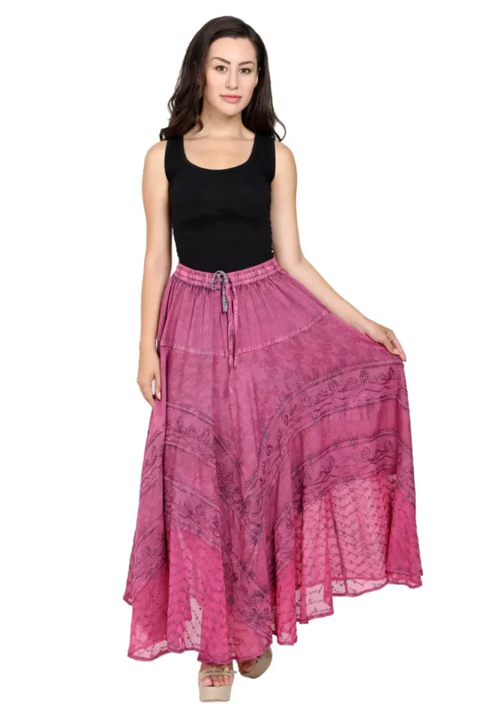 Embroidered Acid Wash Maxi Skirt