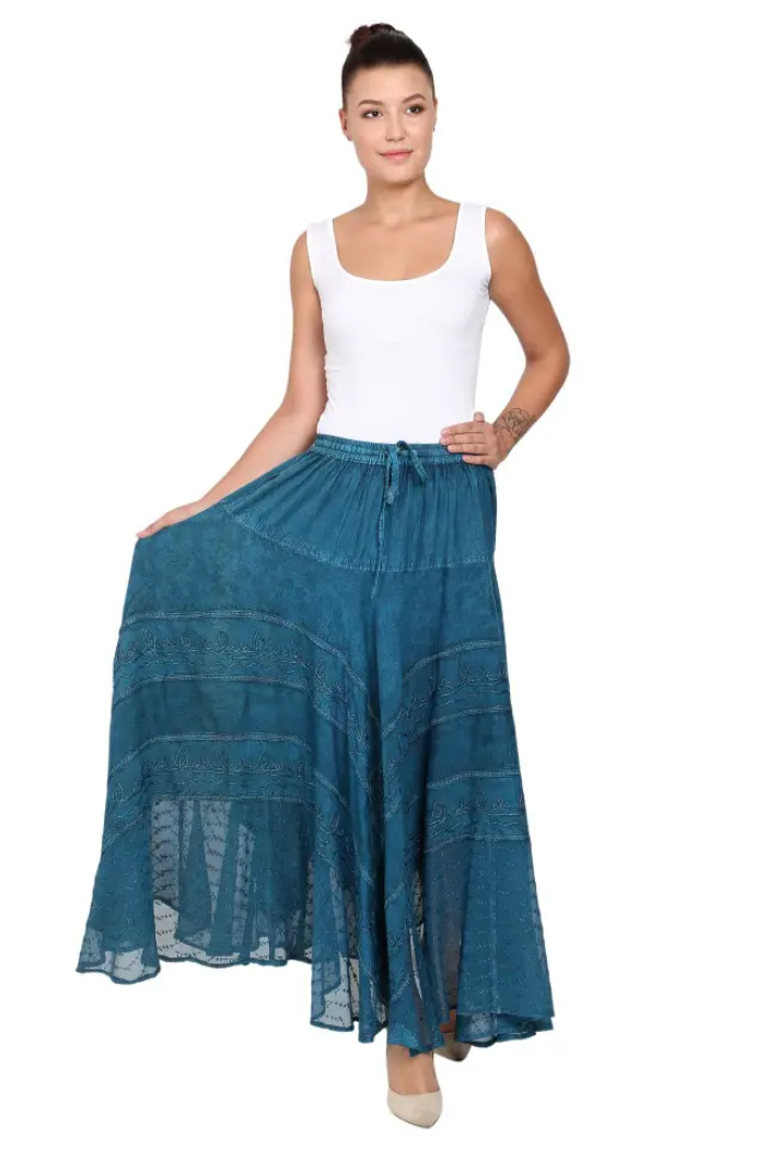 Embroidered Acid Wash Maxi Skirt