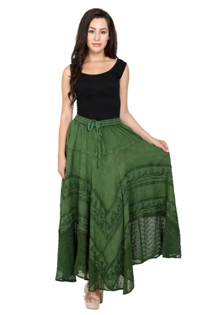 Embroidered Acid Wash Maxi Skirt