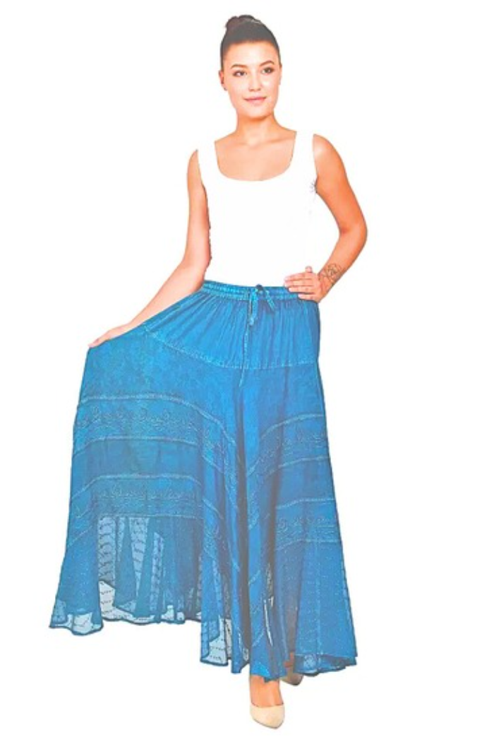 Embroidered Acid Wash Maxi Skirt