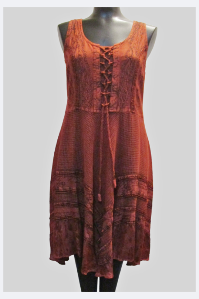 LaceUp Bodice Flared Skirt Rust Dress
