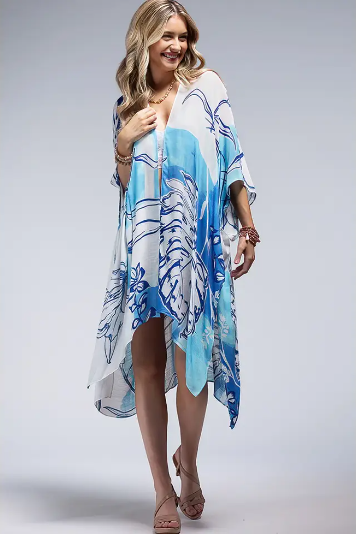 Bohemian and Glam Kimono - Blue Palm on White