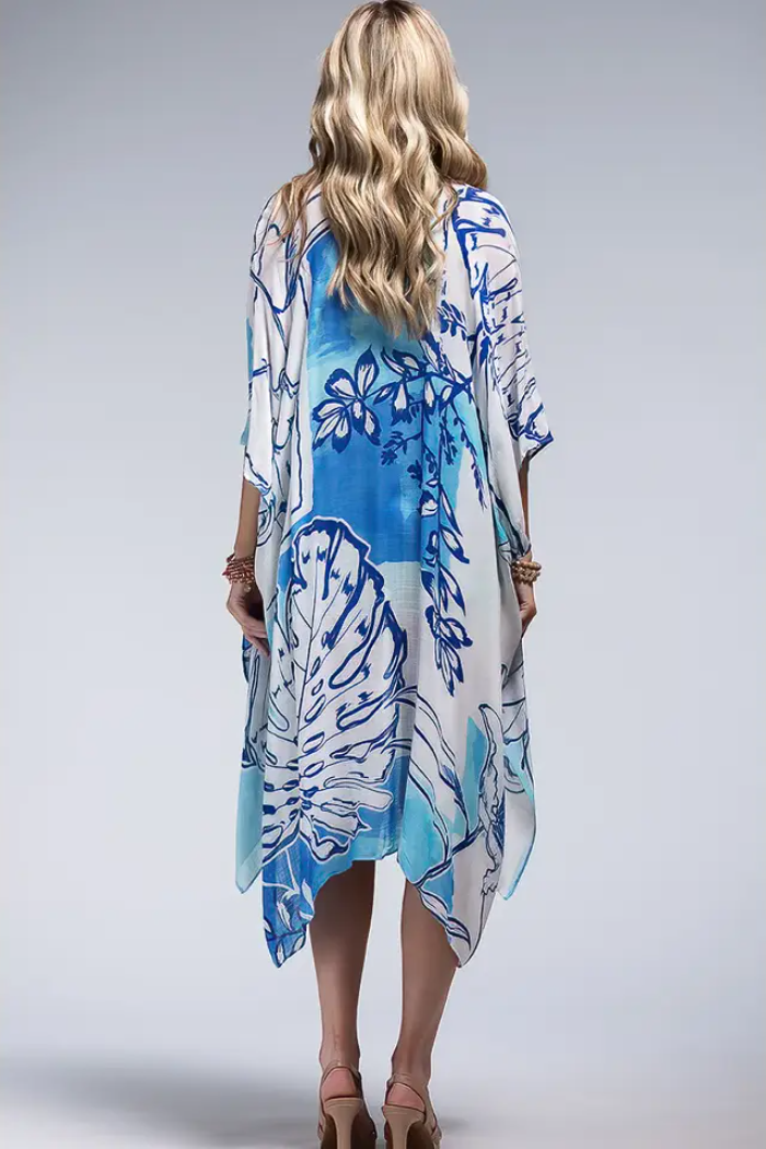 Bohemian and Glam Kimono - Blue Palm on White
