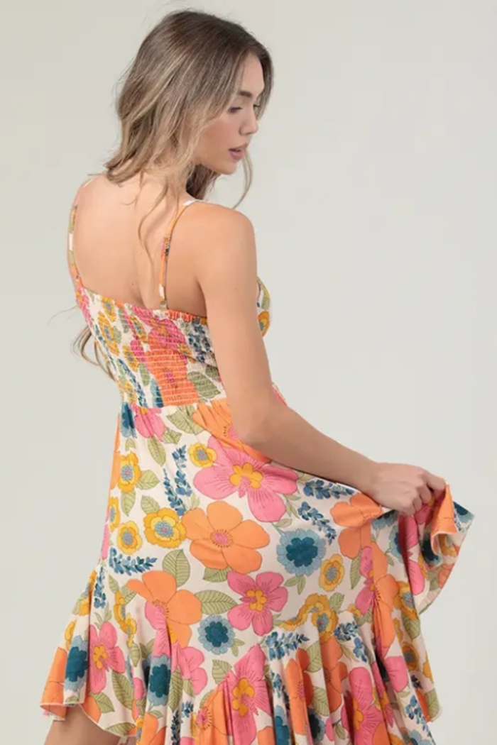 Boho Twist-Front Midi Dress with Flouncy Hem