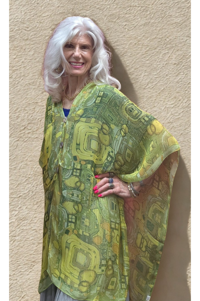 Silky Sheer 6-Button Poncho - Lime Abstract