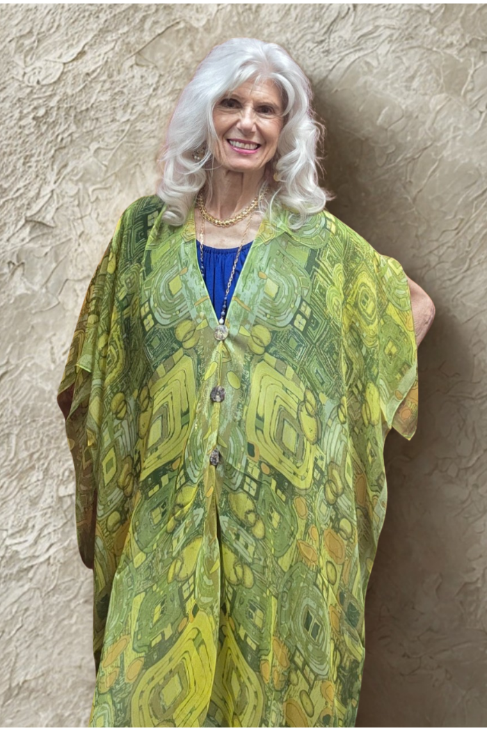 Silky Sheer 6-Button Poncho - Lime Abstract