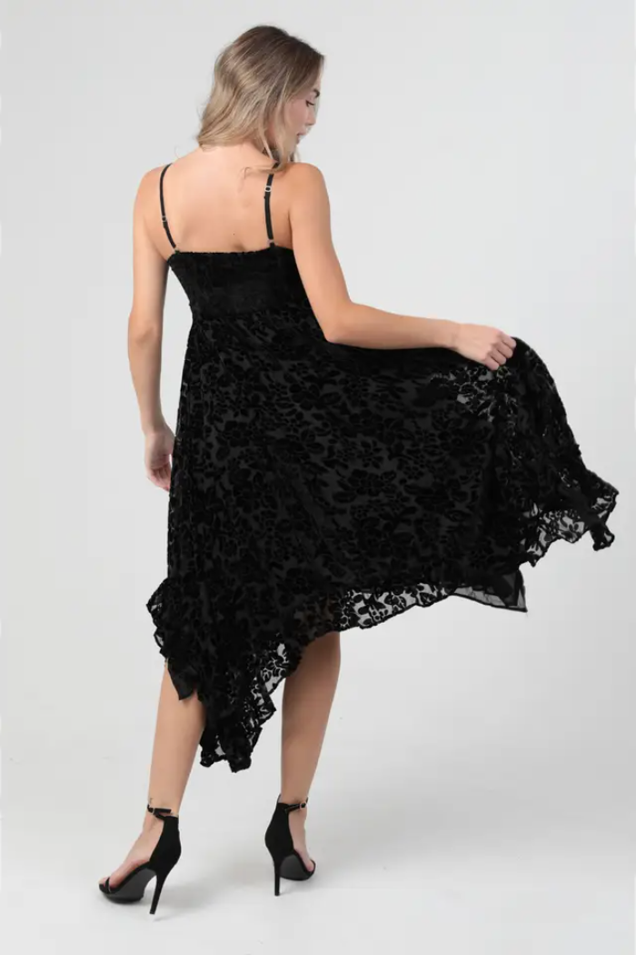 Burnout Velvet Twist Front Hanky Hem Midi Dress