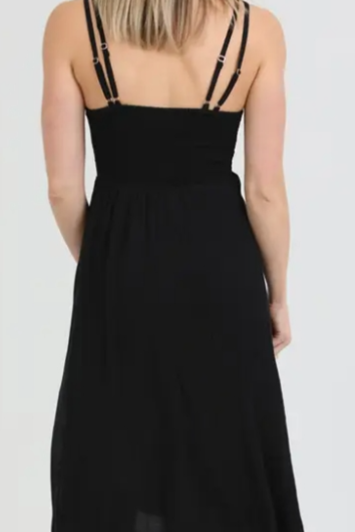 Romantic Boho Hanky Hem Midi Dress in Black