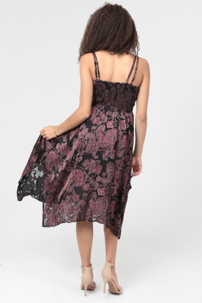 Burnout Paisley Print Hanky Hem Midi Dress