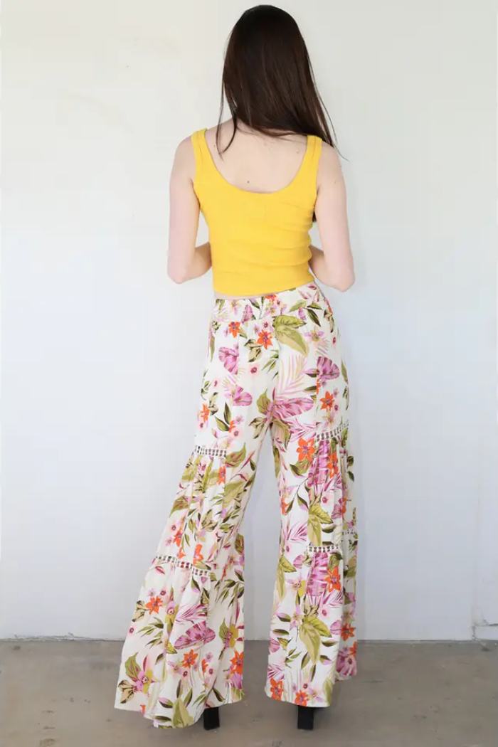Tropical Print Wide Leg Flare Pants with Lace Inserts