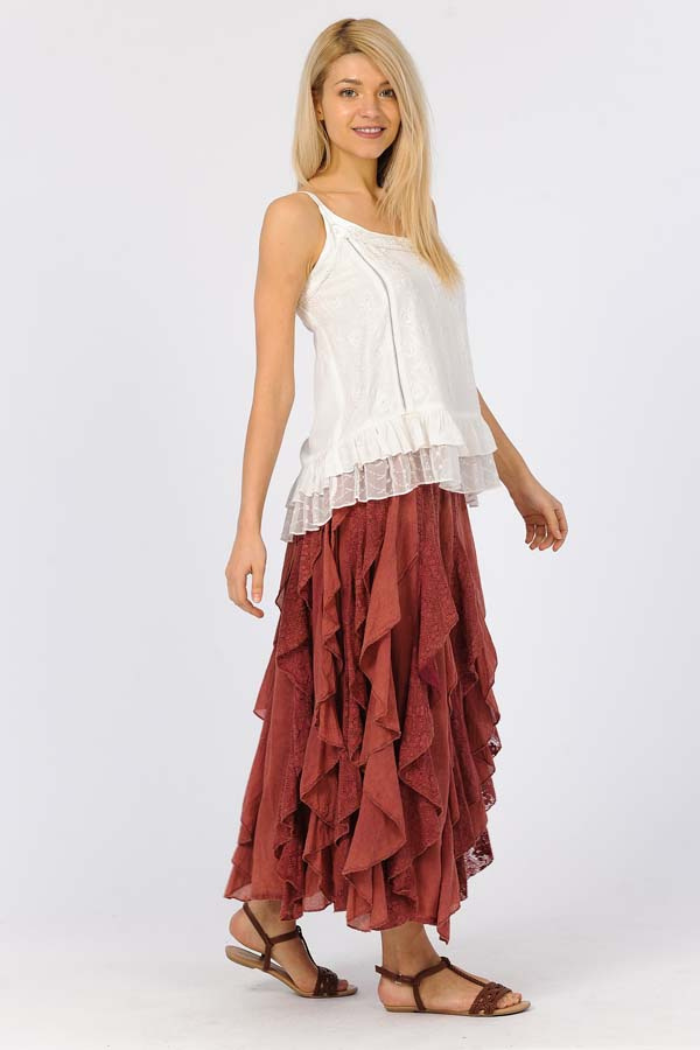 Long Cotton Ruffle Skirt in Sangria
