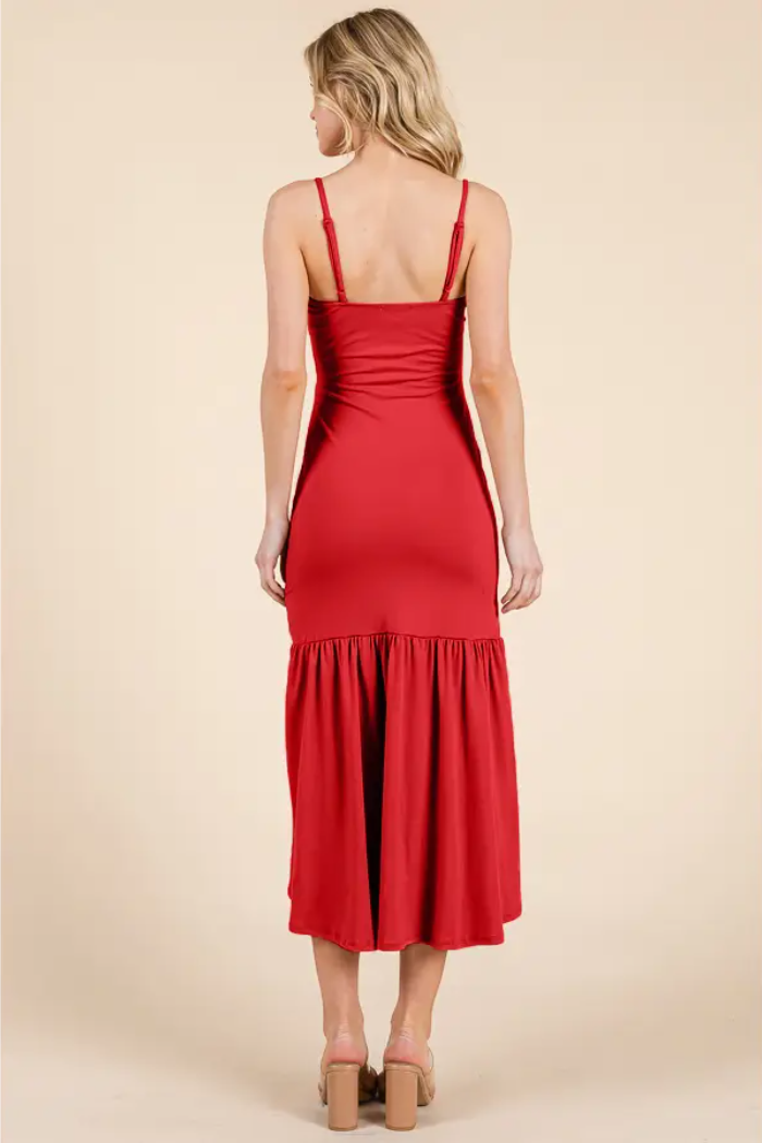 Ruched Ruffle Flare Midi Slit Dress in Red-Orange