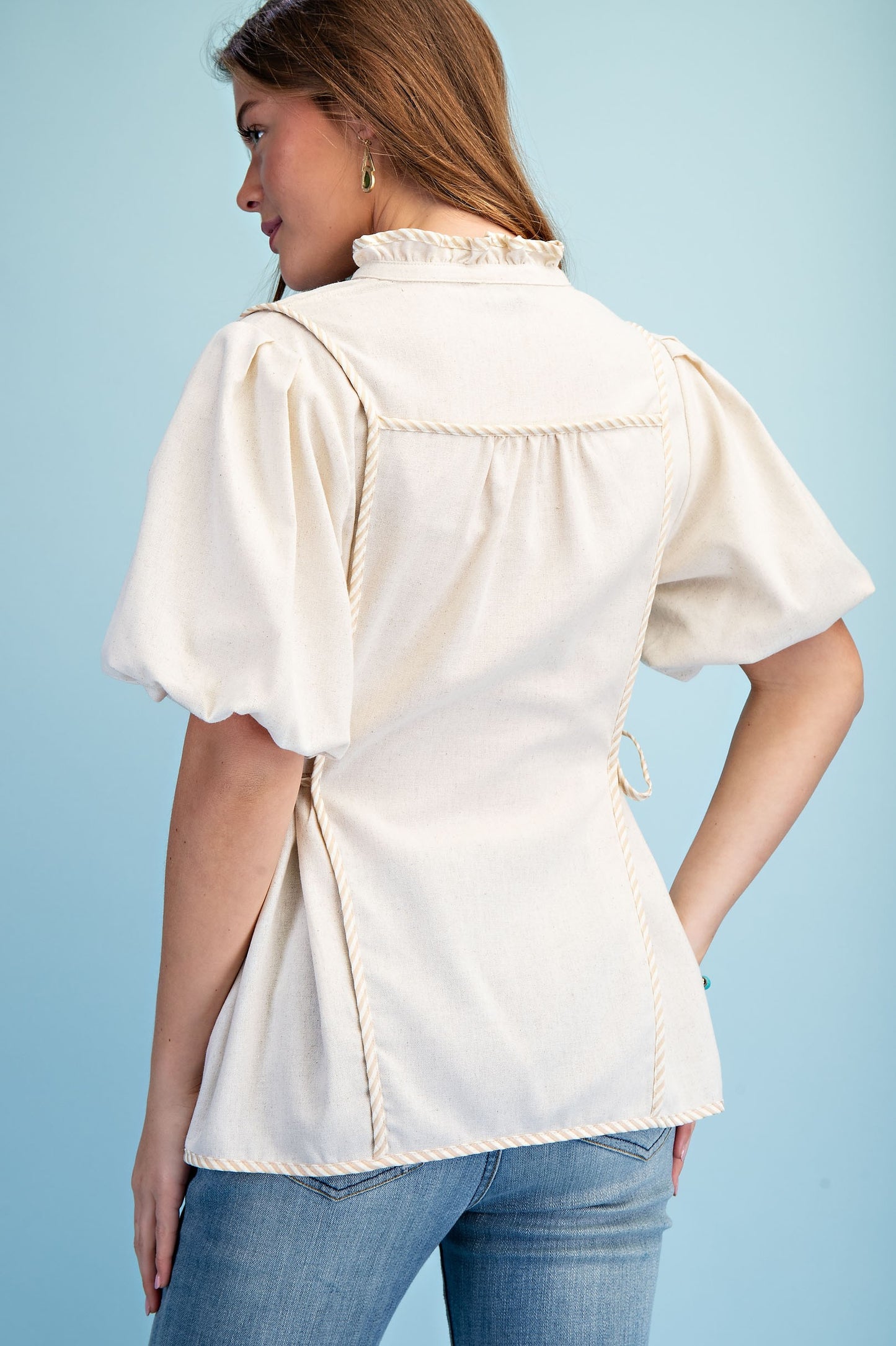 Linen Blouse With Puffed Sleeves and Binding Detailing