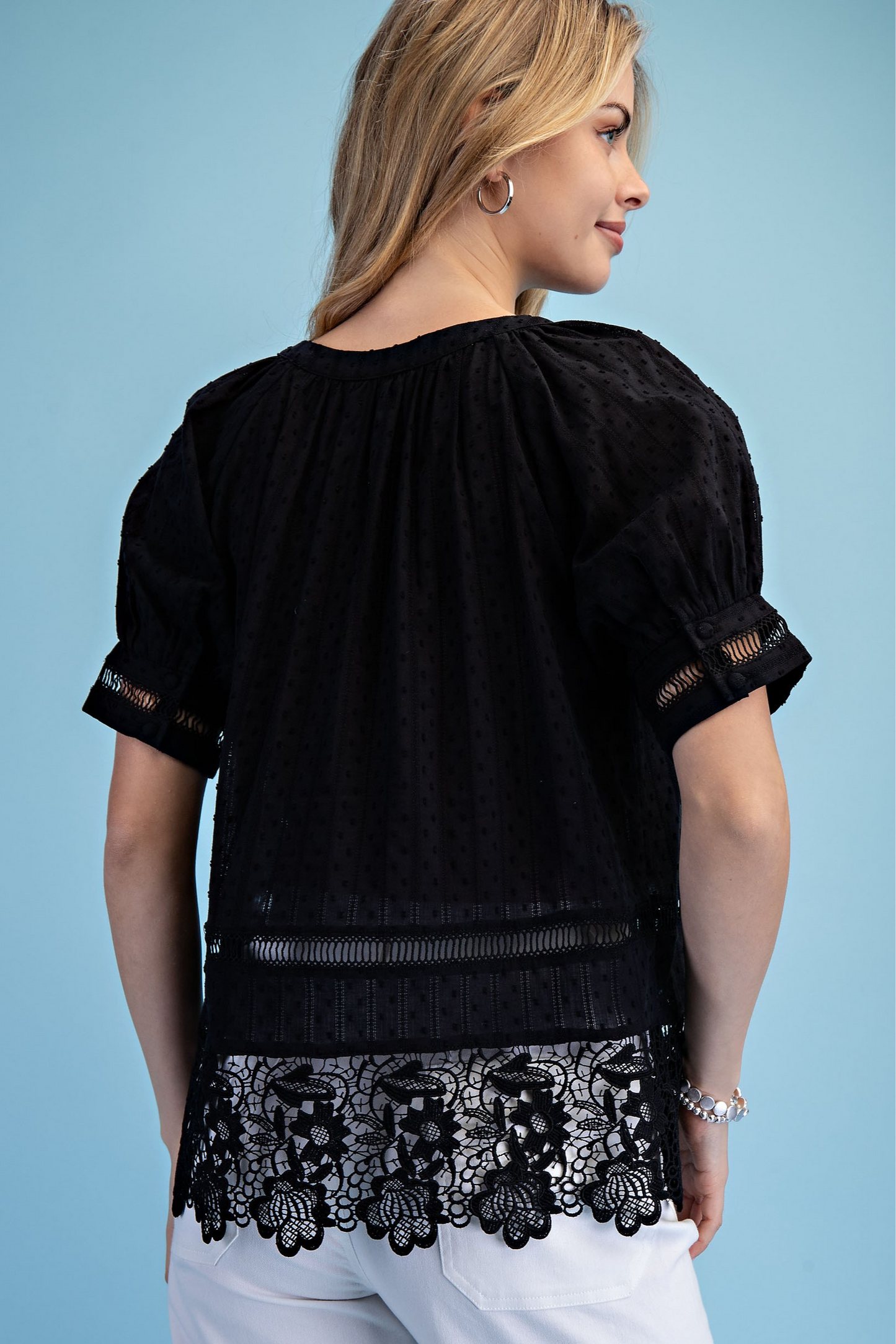 Textured Short Sleeve Blouse with Lace Trim in Black