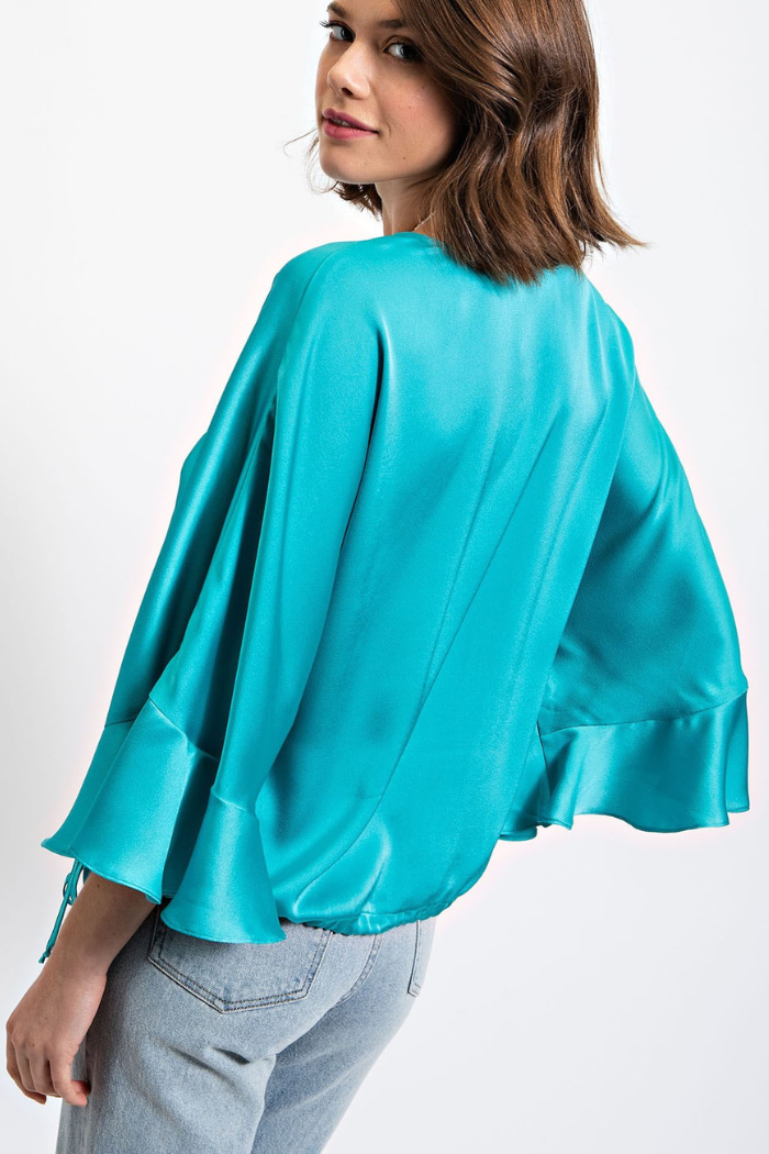 Satiny Long Sleeve Side Tie Wrap Top