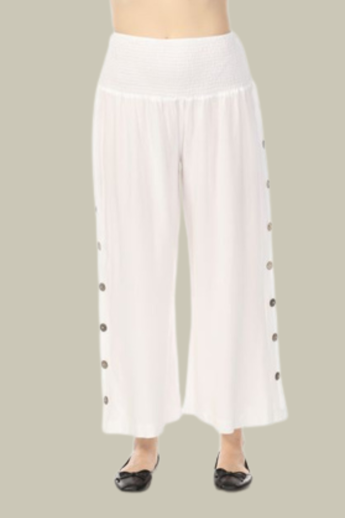 White Smocked Waist Pant with Side Button Detail
