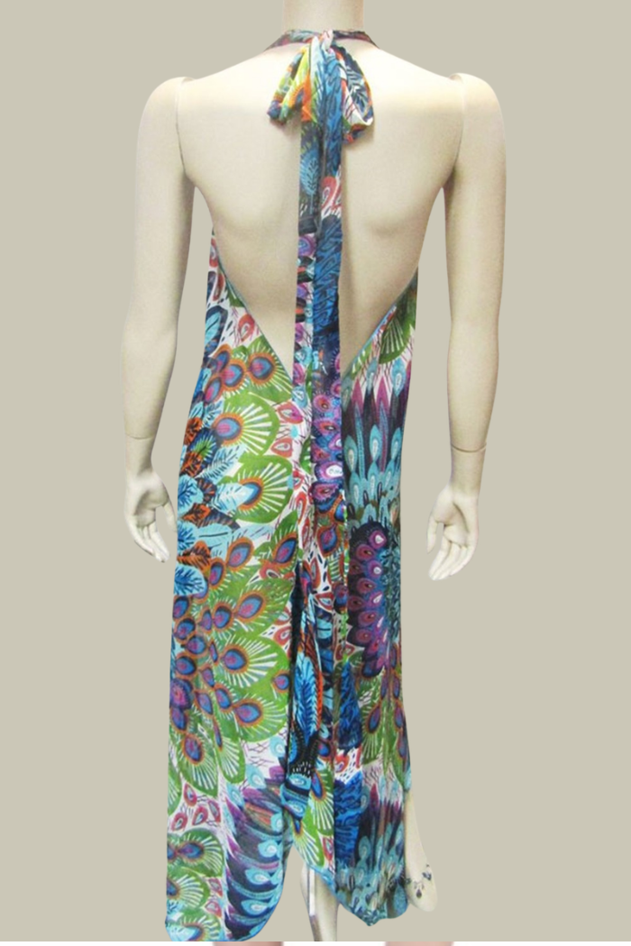 SHEER BLUE PEACOCK HALTER DRESS