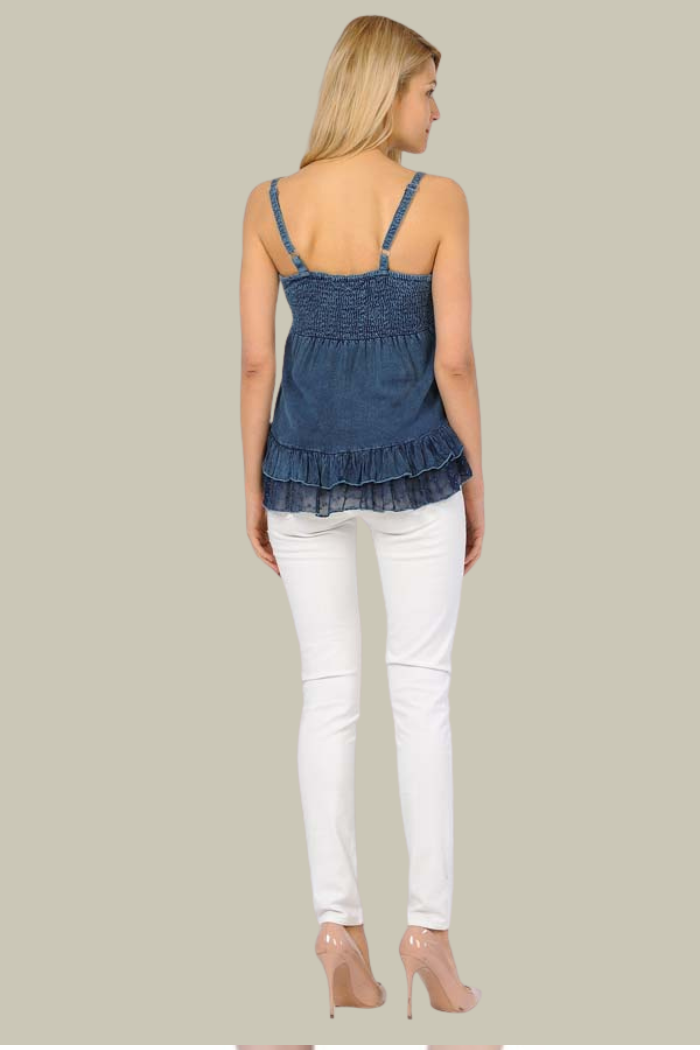Embroidered Sandwash Camisole Tank Top - Blue