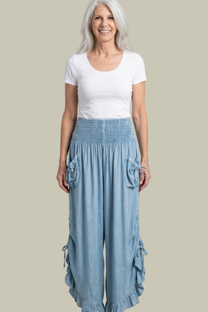 Rayon Ruffled Pantaloon Cropped Pant in Blue