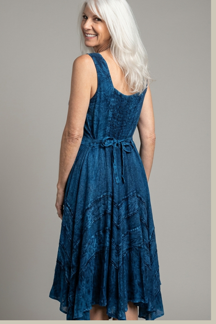 Corset Style Bodice Fit & Flare Dress in Denim Blue