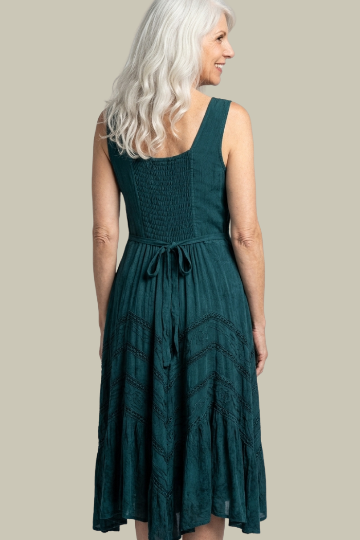 Corset Style Bodice Fit & Flare Midi Dress in Hunter Green