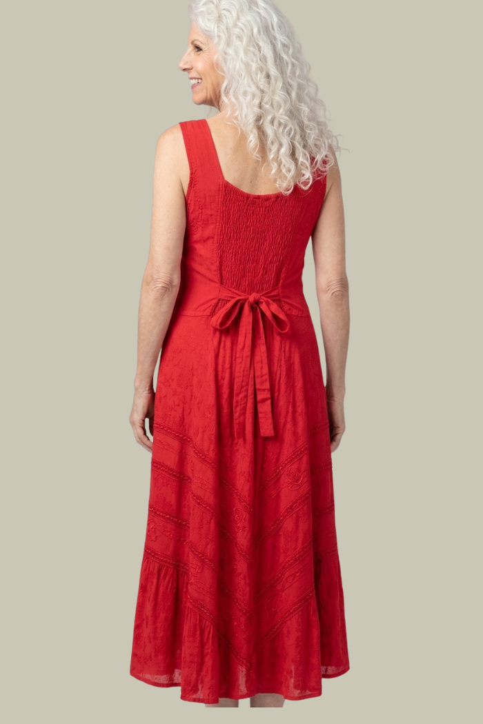 Corset Style Bodice Fit & Flare Midi Dress in Red