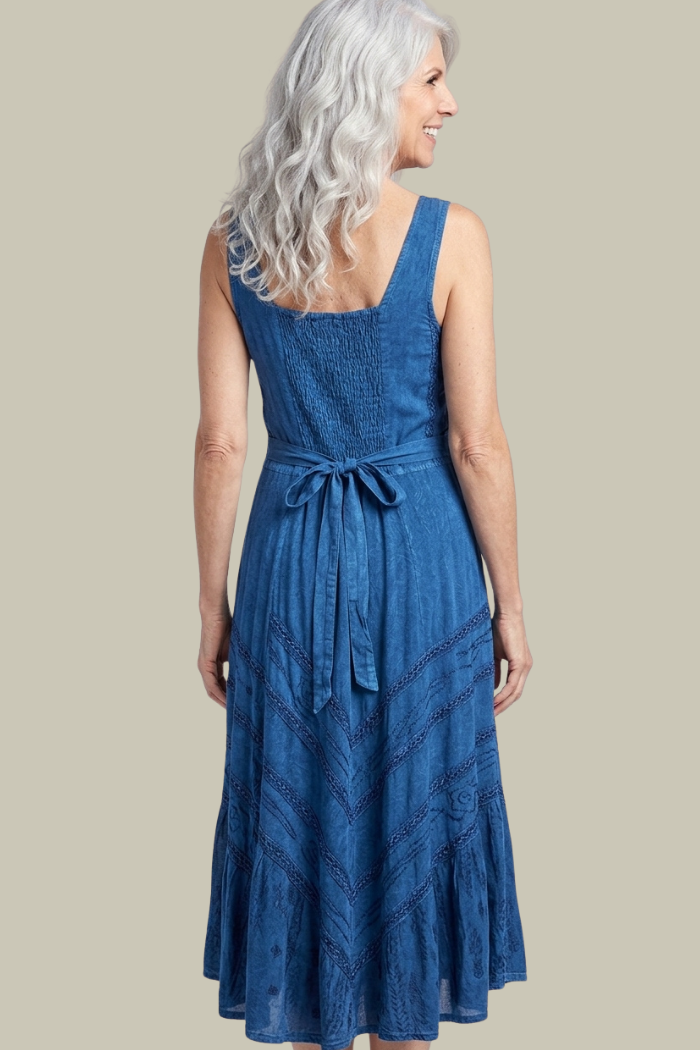 Corset Style Bodice Fit & Flare Midi Dress in Denim Blue