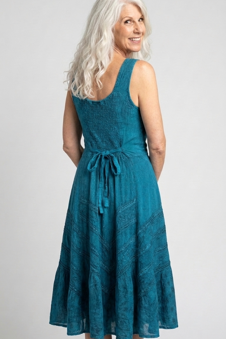 Corset Style Bodice Fit & Flare Midi Dress in Teal
