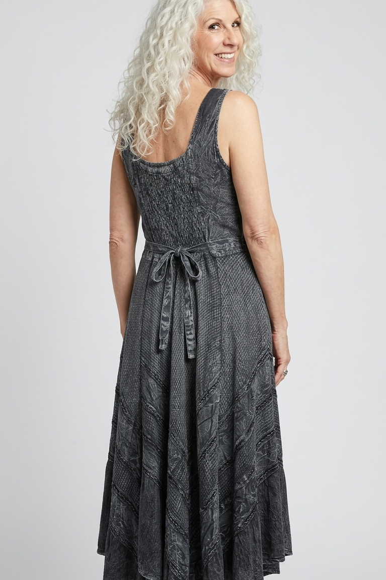 Corset Style Bodice Fit & Flare Midi Dress in Gray