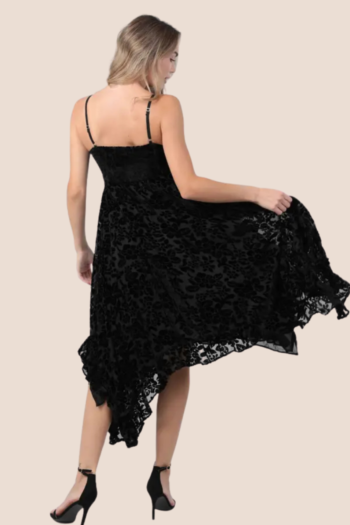 Burnout Velvet Twist Front Hanky Hem Midi Dress