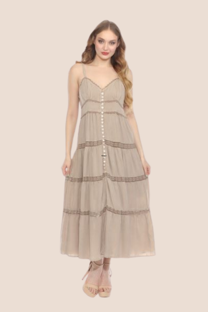 Button Front Spaghetti Strap Maxi Dress in Sand