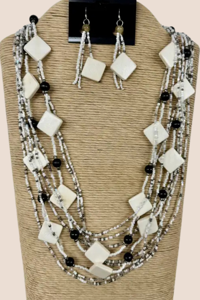 Multi Strand Black & White Seed Bead & Wood Necklace Set