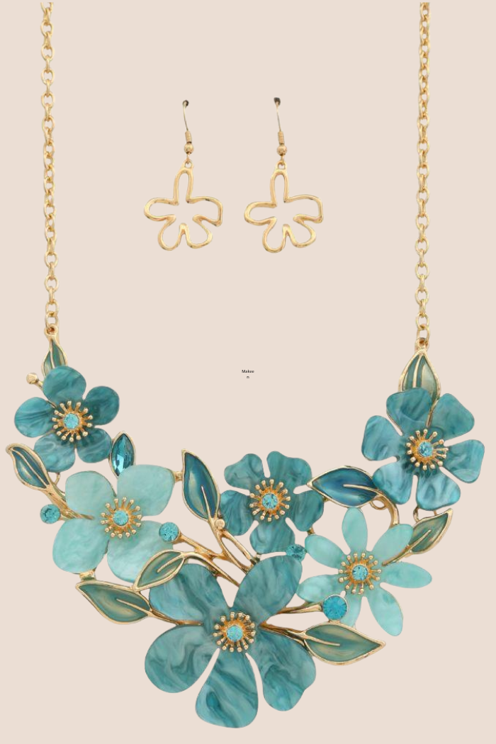 Turquoise Enamel-Metal Floral Necklace Set