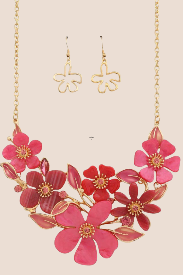 Pink Enamel-Metal Floral Necklace Set