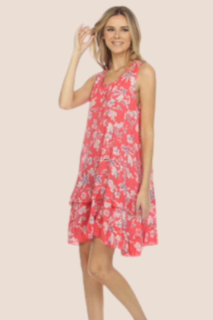 Ruffle Trimmed Sleeveless Dress - Coral Lily Print
